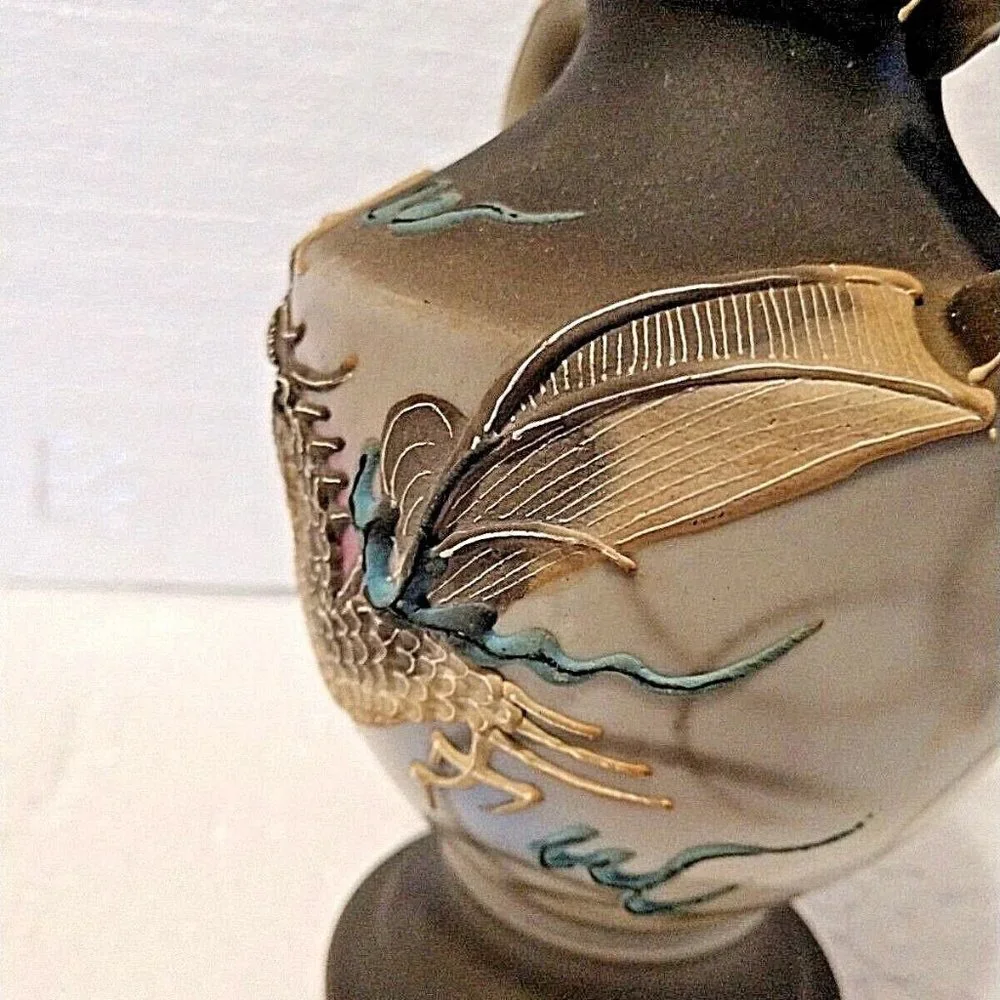 Rare Antique Dragonware Vase Japan Moriage Dragon Hand Paint Dark Grey &…